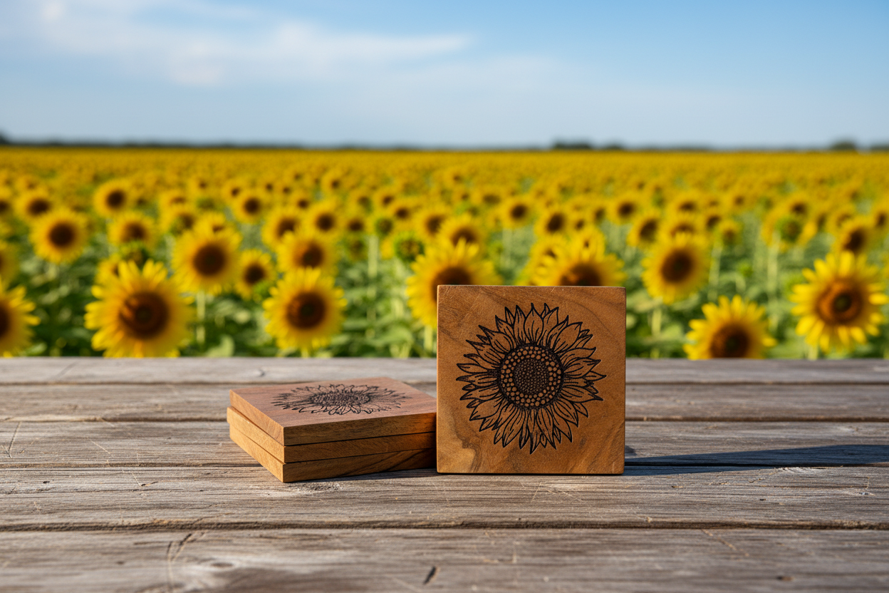 Sunflower Wood Engraved Coasters
