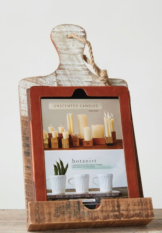 Distressed White and Brown Wood Tablet Holder
