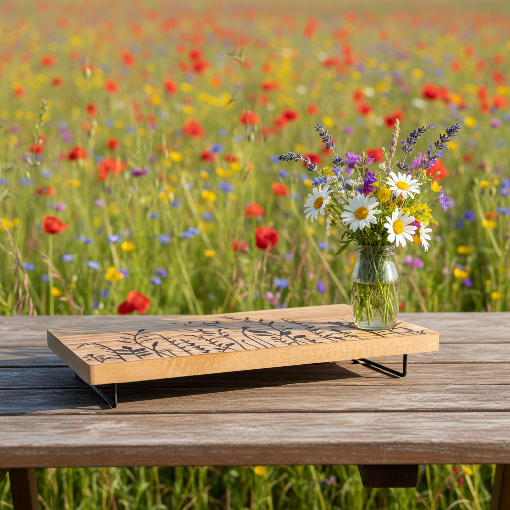 Raised Wildflower and Bees Wood Engraved Stand