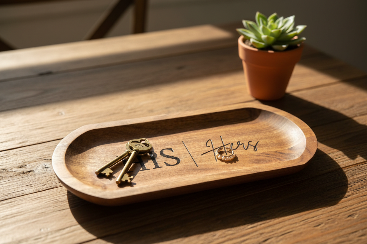 Engraved Acacia Wood Catchall Tray – HIS & Hers Jewelry Dish, Key Holder, Wooden Organizer Tray