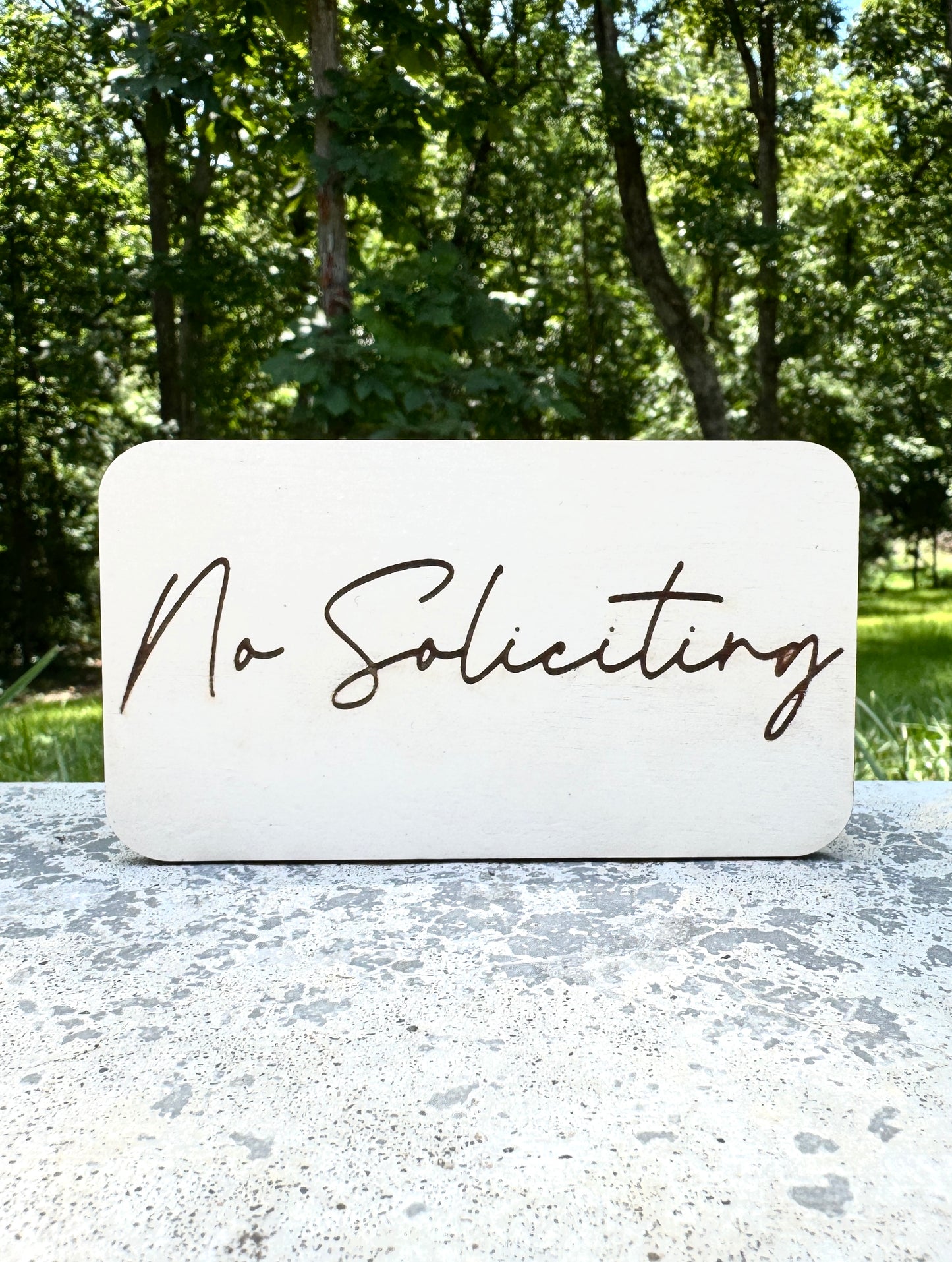 Small White Wooden "No Soliciting" Sign – 4.5" x 2.75" Outdoor Engraved Plaque
