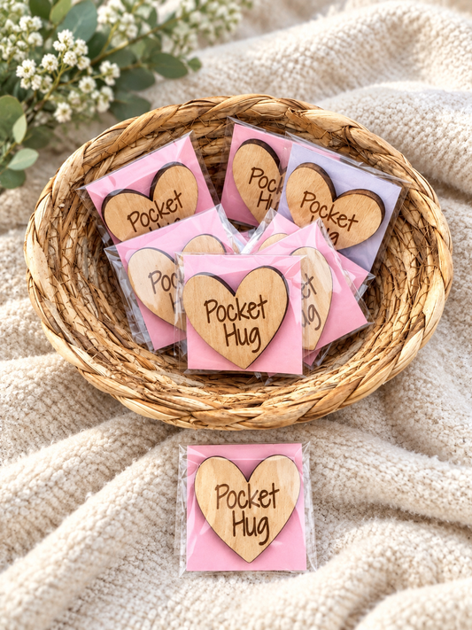 Wood Pocket Hug Heart in Gift-Ready 2”x2” Cellophane Pouch – Laser Engraved Keepsake Token for Encouragement, Love & Comfort