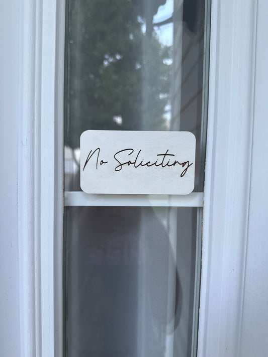 Small White Wooden "No Soliciting" Sign – 4.5" x 2.75" Outdoor Engraved Plaque