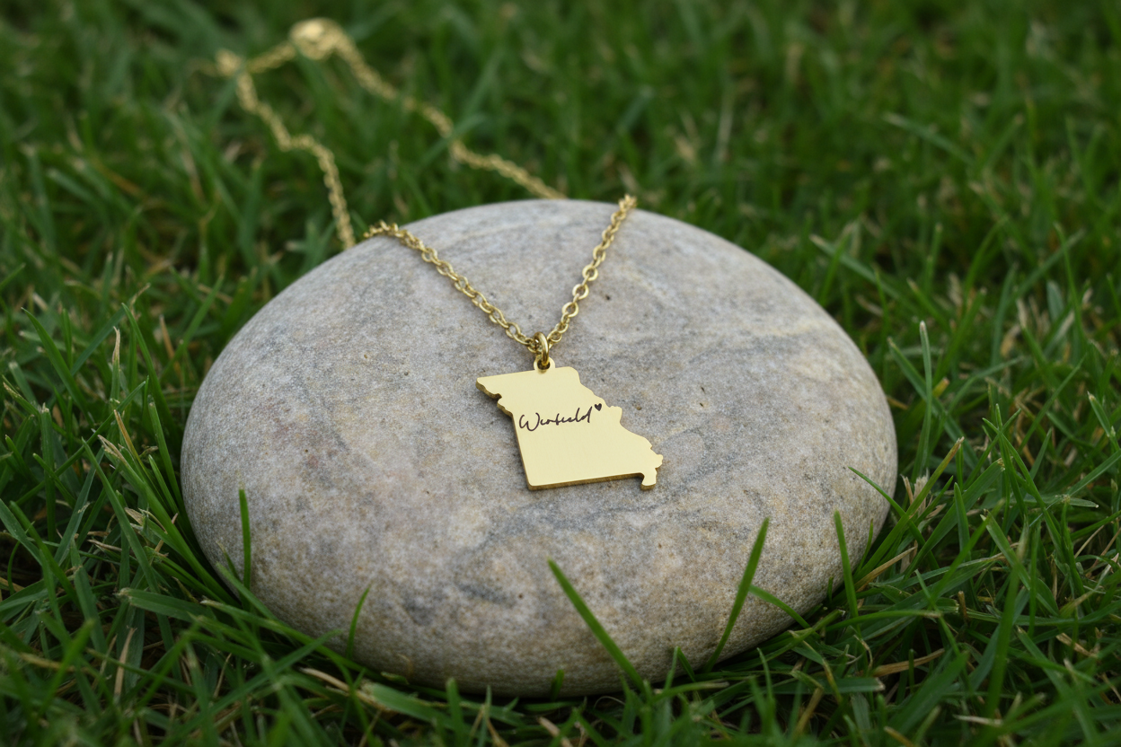 Gold necklace with a pendant shaped like the state of Missouri on a stone in grass