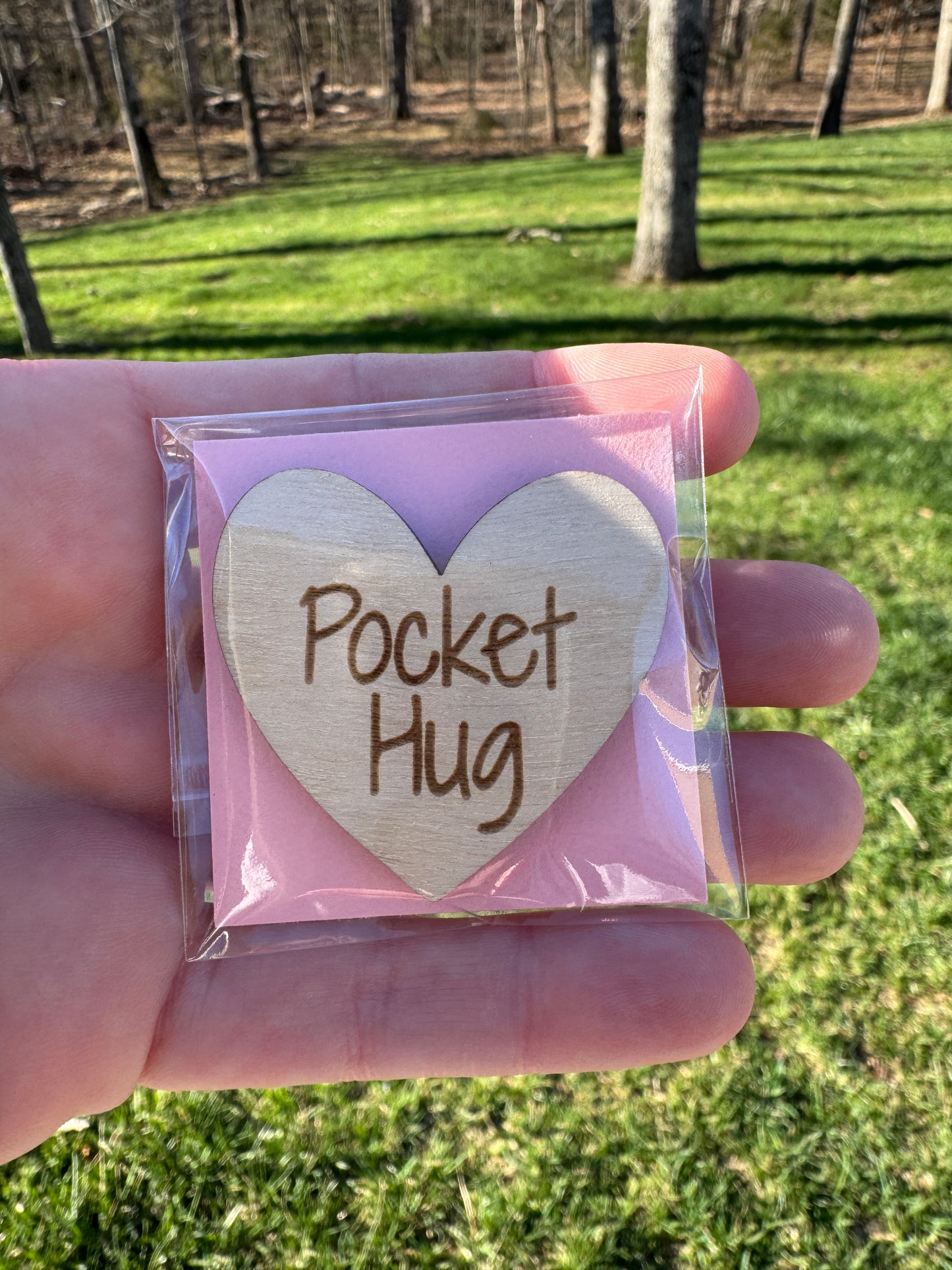 Wood Pocket Hug Heart in Gift-Ready 2”x2” Cellophane Pouch – Laser Engraved Keepsake Token for Encouragement, Love & Comfort