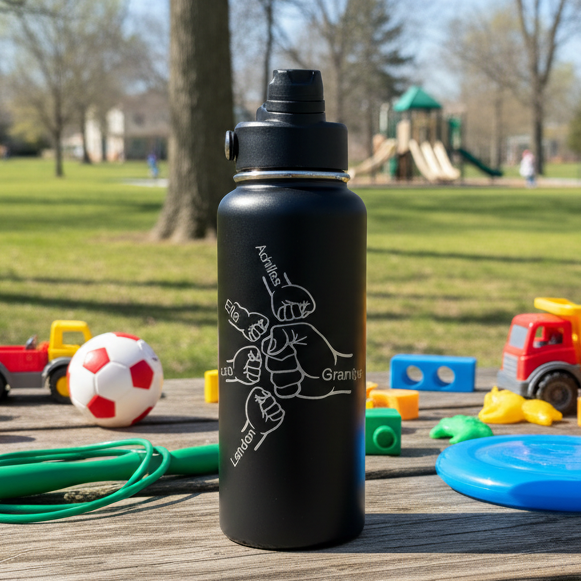 Personalized Dad / Grandpa Water Bottle with Kids Names – Custom Engraved Fist Bump Bottle – 32oz Insulated Stainless Steel Gift for Father’s Day