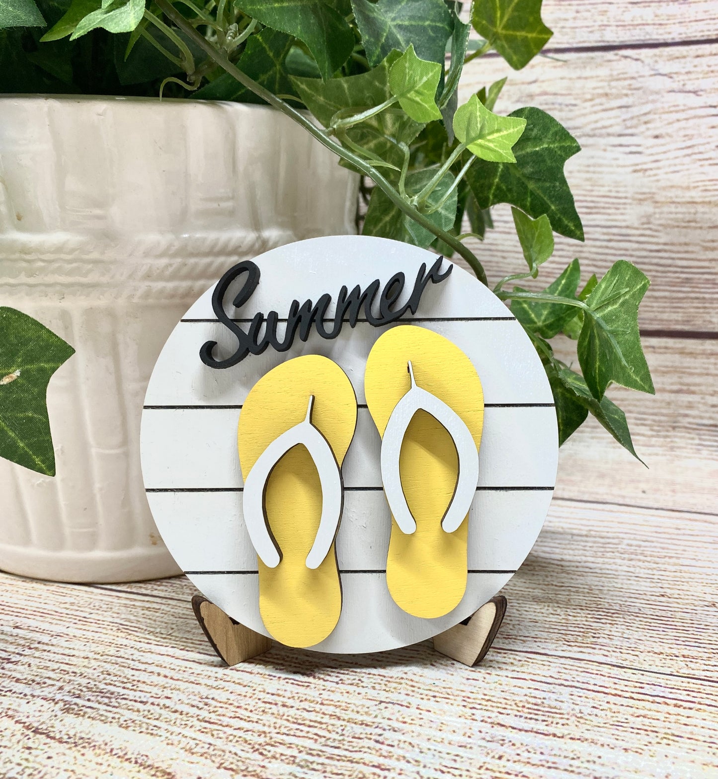 Summer Flip Flop Tiered Tray Sign, Mini Shiplap Summer Tray Sign, Summer Flip Flop Tiered Tray Decor, 4” Round Tiered Summer Tray Sign