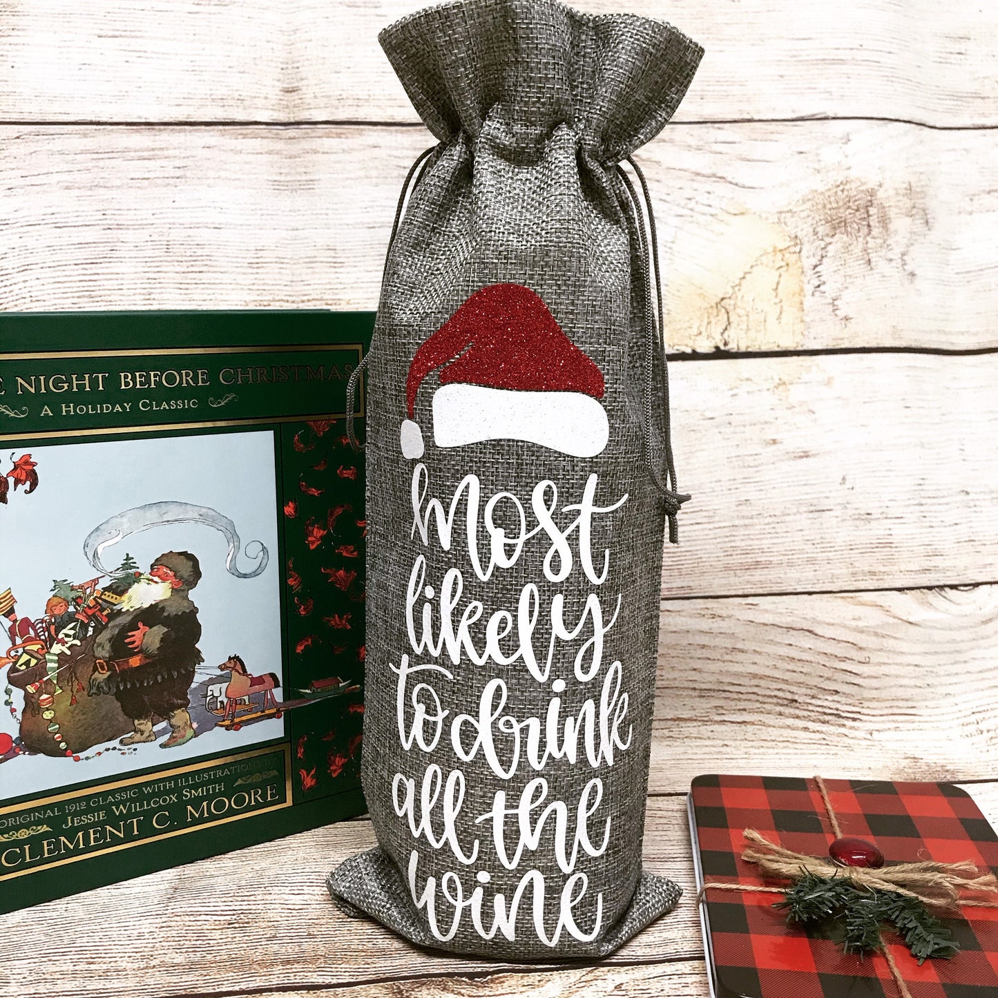 Christmas Wine Bag Gift, Christmas Wine Lover, Christmas Party Gift, Holiday Wine Tote, Most Likely To Drink All The Wine, Hostess Gift