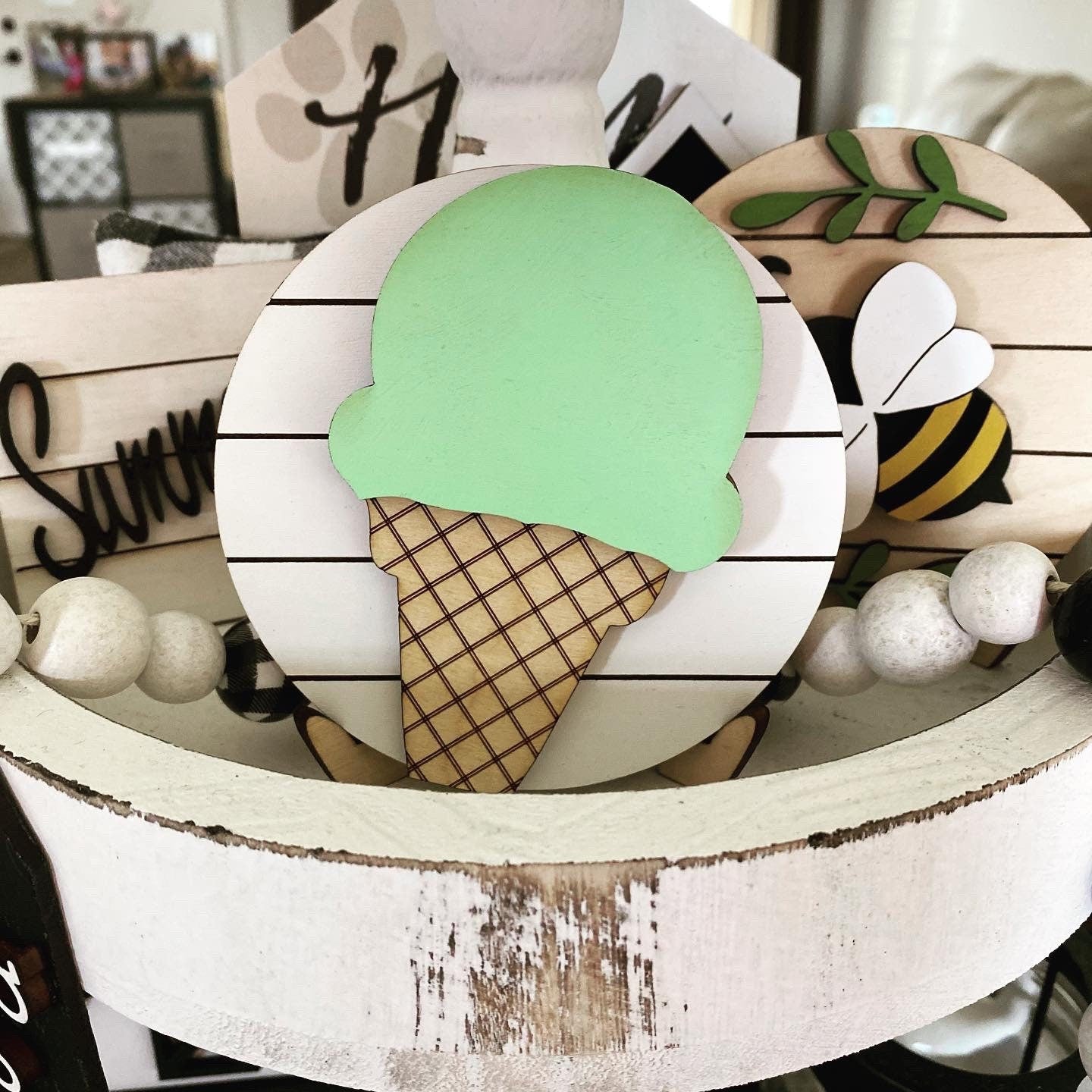 Ice Cream Cone Tiered Tray Decor, Summer Tiered Tray Decor, Ice Cream Tiered Tray Sign, 4” Round Tiered Summer Tray Sign