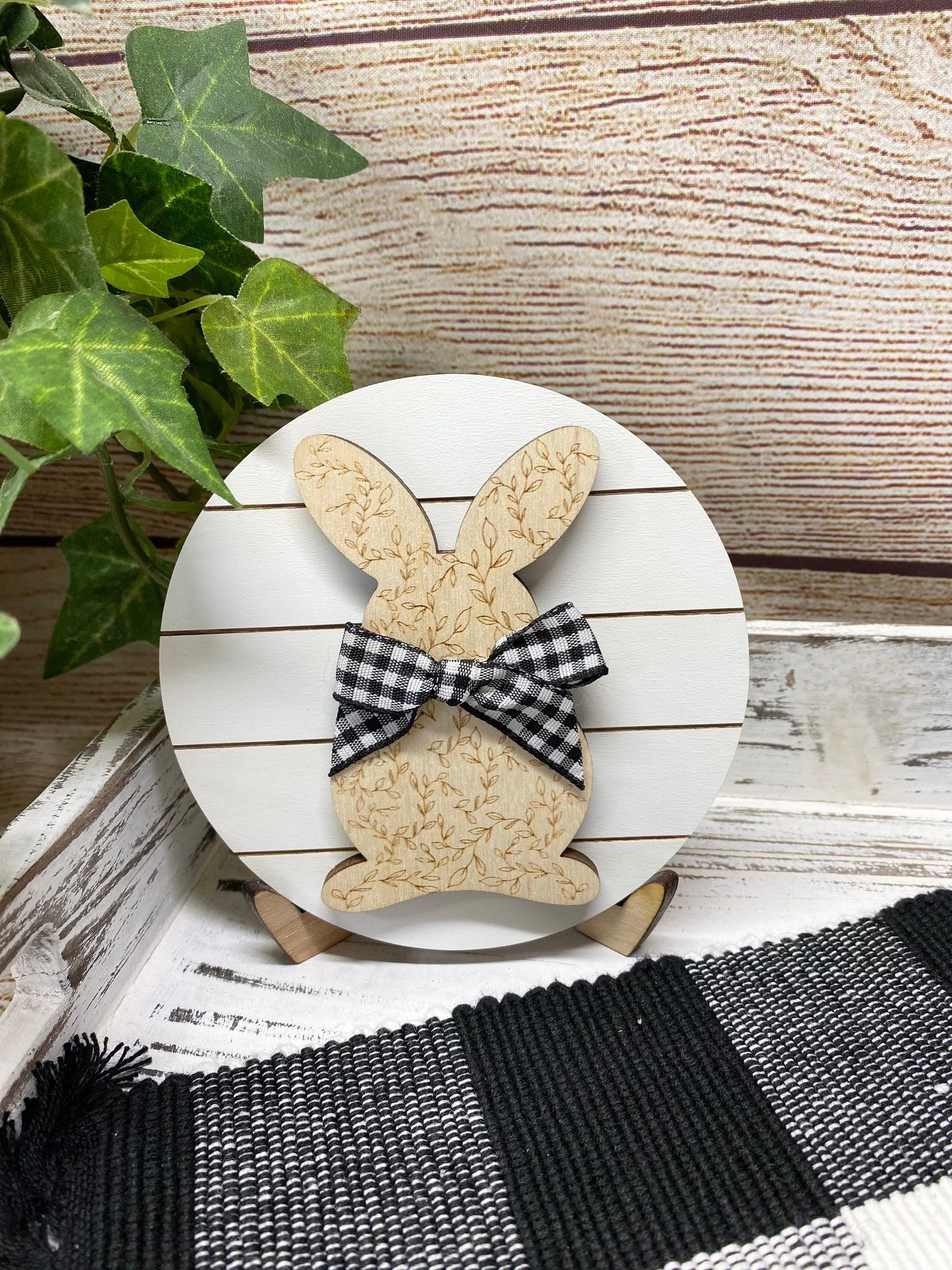 Easter Bunny Farmhouse Tiered Tray Decor, Shiplap Inspired Easter Sign, Buffalo Plaid Tiered Tray Bunny, Neutral Easter Bunny
