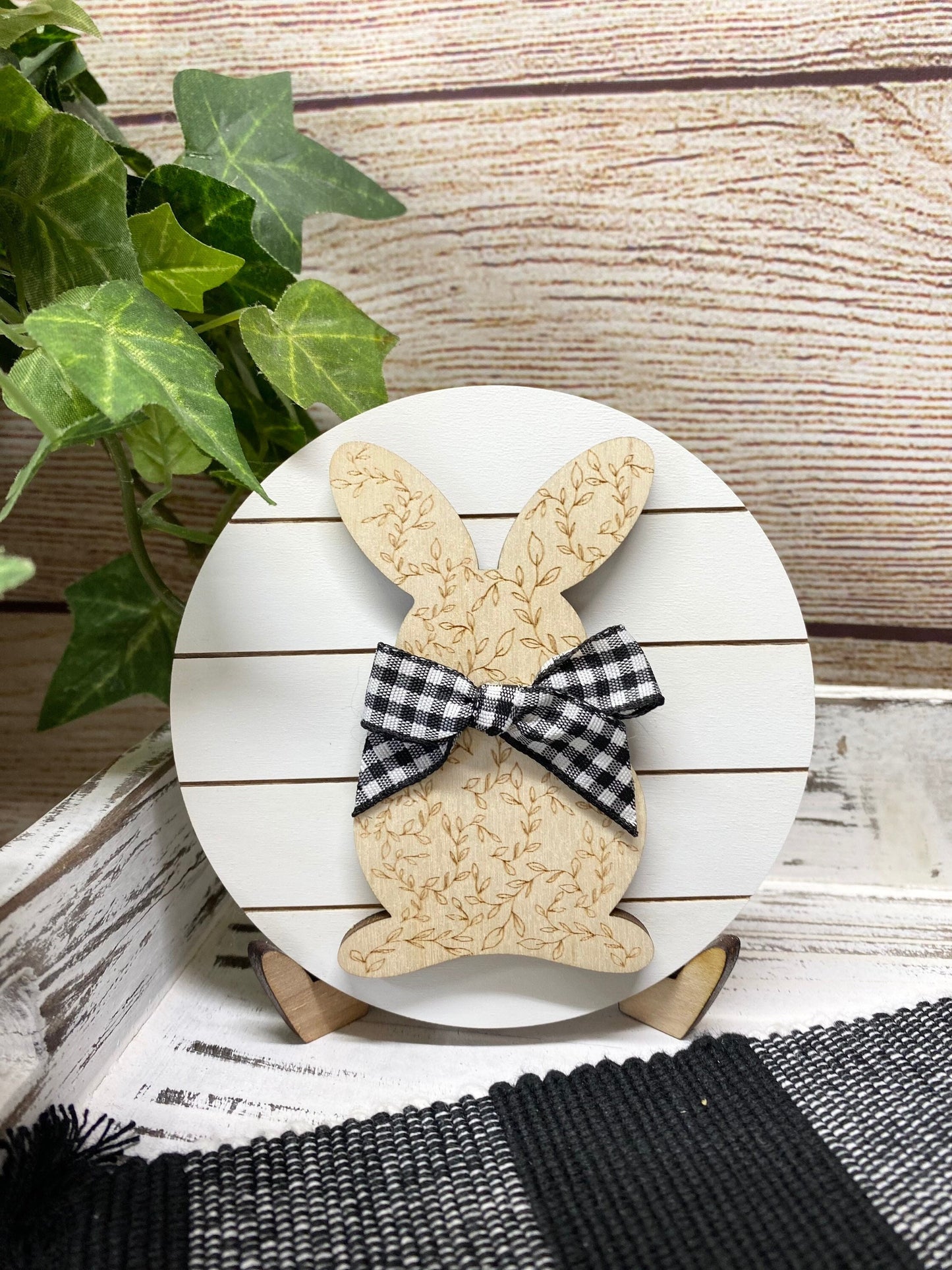 Easter Bunny Farmhouse Tiered Tray Decor, Shiplap Inspired Easter Sign, Buffalo Plaid Tiered Tray Bunny, Neutral Easter Bunny