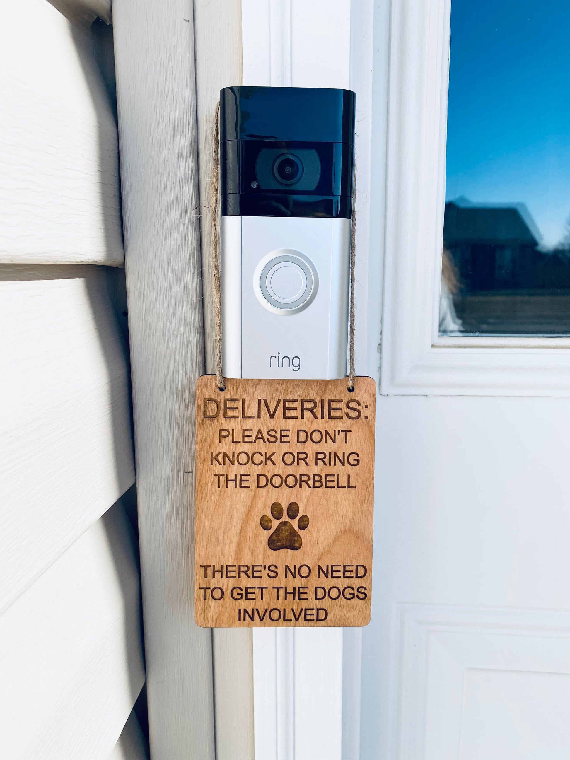 Dog Doorbell Sign, No Need To Get The Dogs Involved. Each sign is laser engraved and cut on wood. We stain each piece front and back then add jute string to hang.