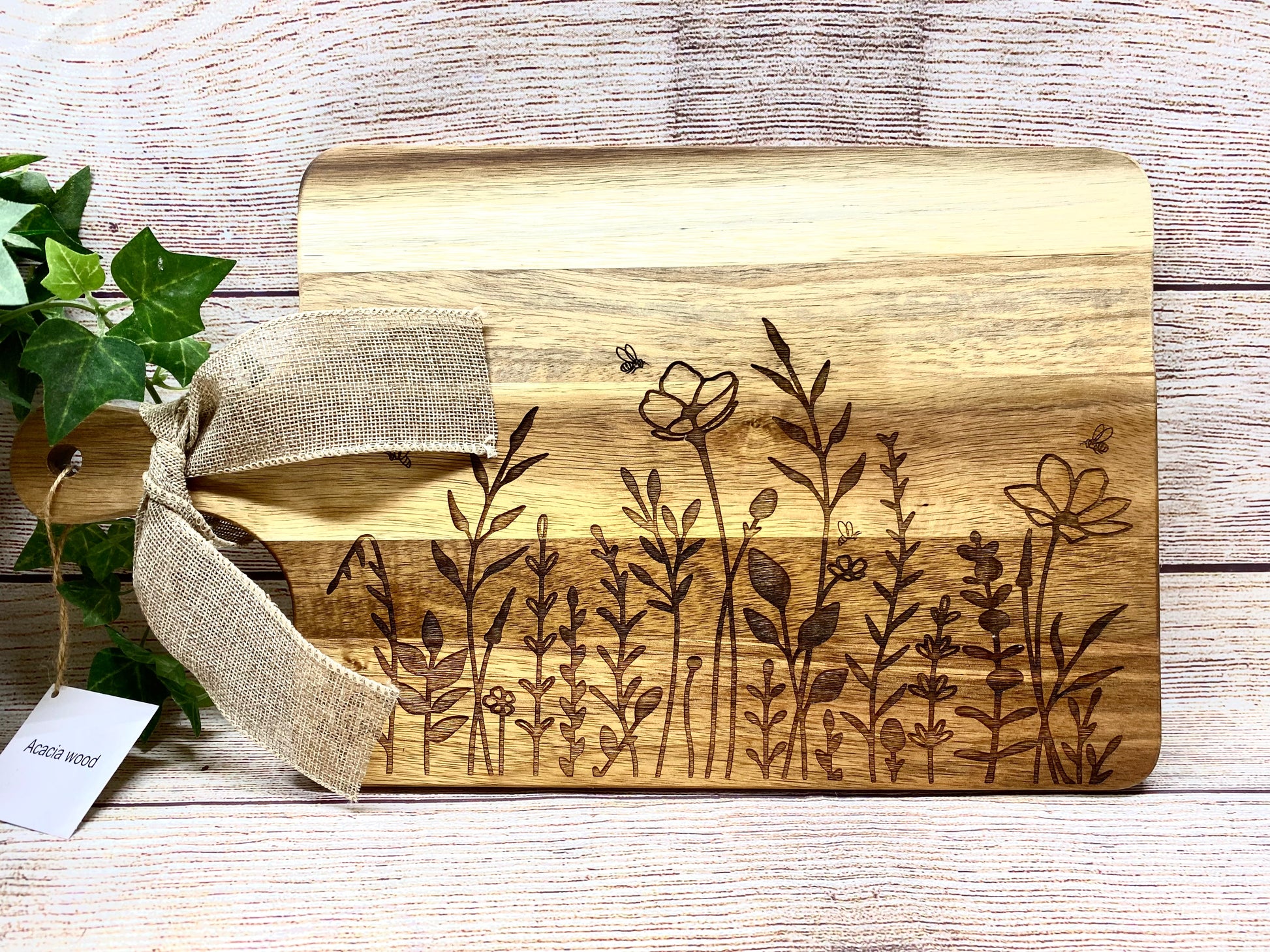 Bees and Wildflowers Acacia Wood Cutting Board